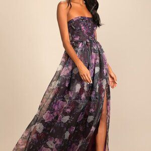 Lulus Wonderful Waltz Purple Floral Print Strapless Bustier Maxi Dress - Size XL